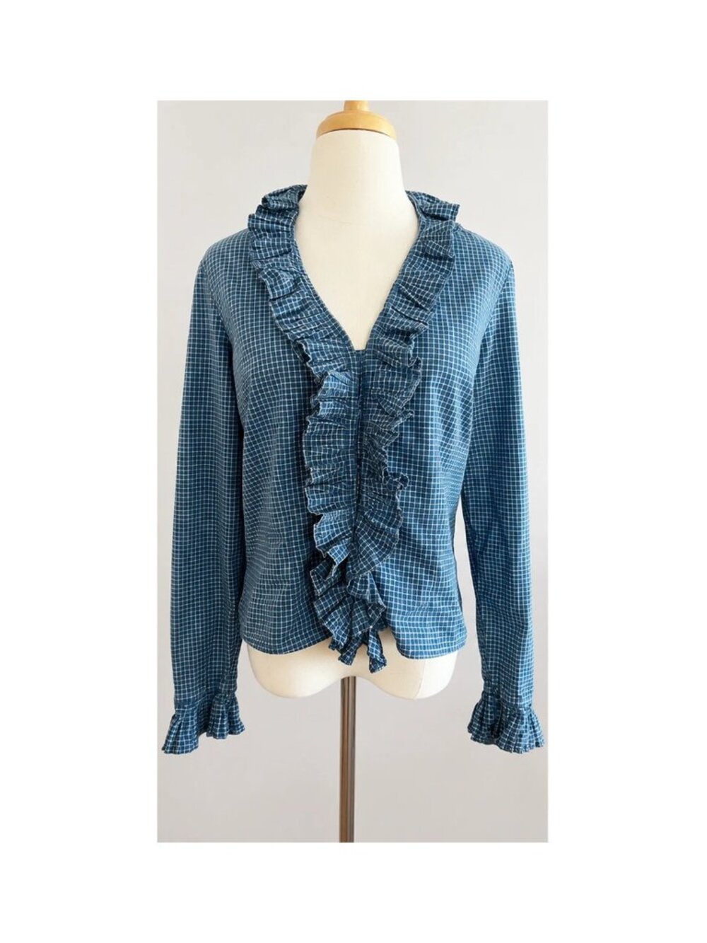 Lauren Jeans Company Ralph Lauren Ruffled blouse Blue Plaid Sz M Women Festival